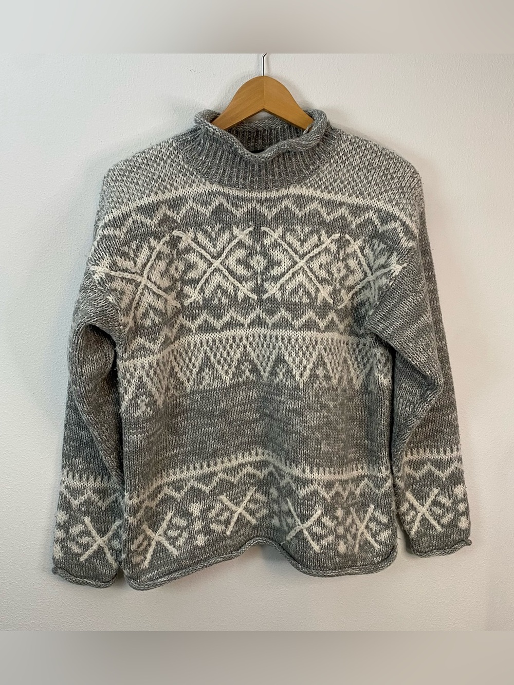 Spin2 Vintage Fisherman Wool Blend‎ Nordic Knit Gray White Sweater Medium